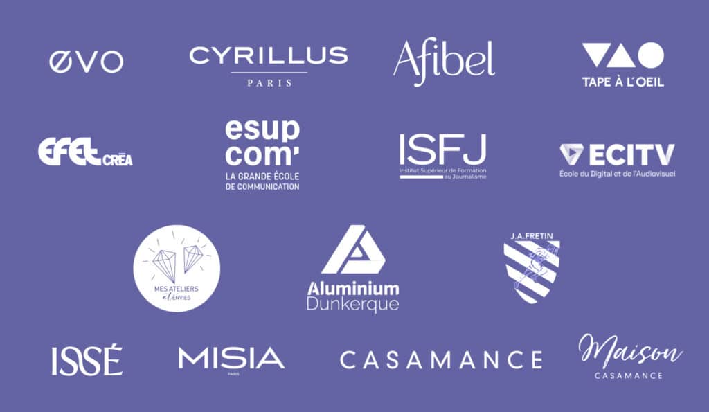 Evo, Cyrillus, Afibel, TAO, Efet Créa, Esupcom, ISFJ, ECITV, Mes Ateliers et Envies, Aluminium Dunkerque, J.A. Fretin, Issé, Misia, Casamance, Maison Casamance